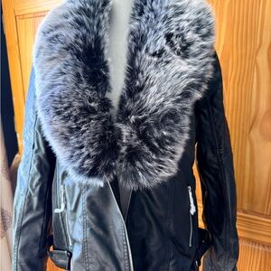 Black Leather Jacket with Gray Faux Fur Collar